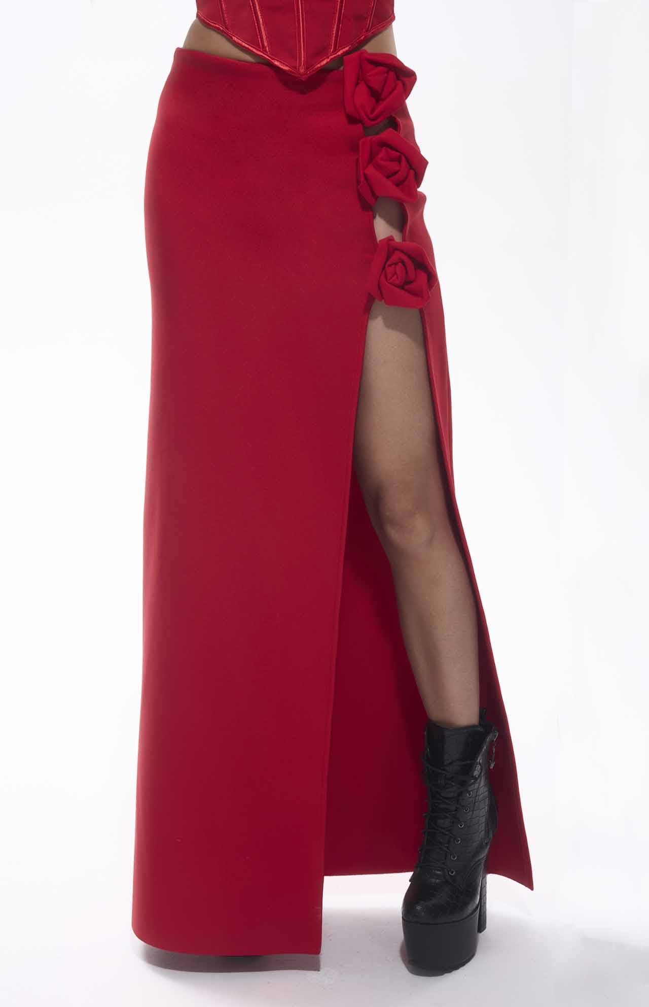 Tita Bandage Flower Decorated Maxi Skirt Red